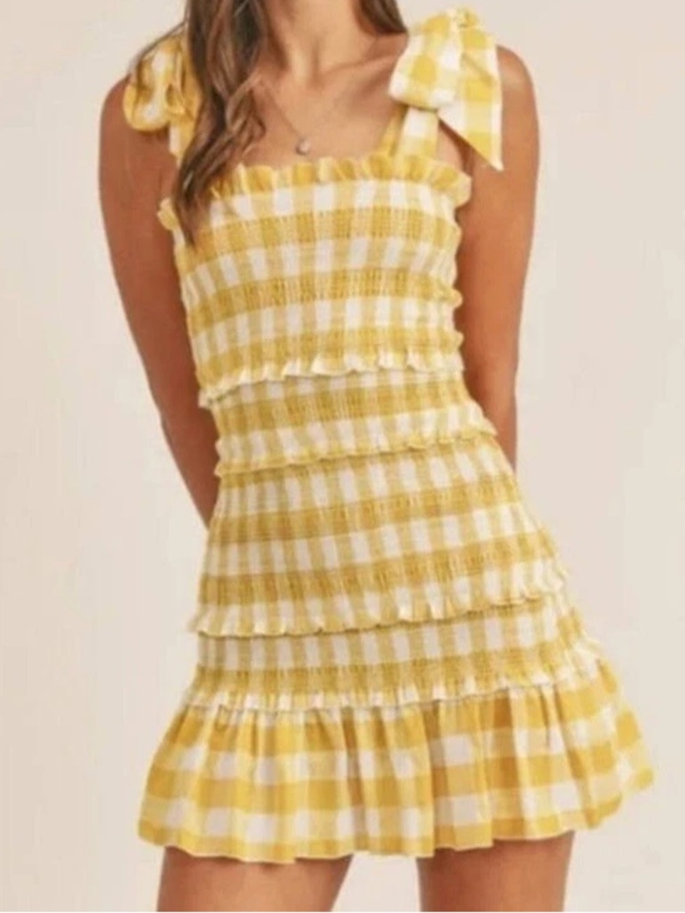 Mable Allison Yellow Gingham Smocked Mini Dress Size L